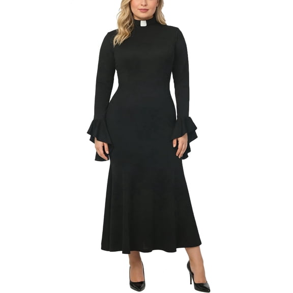 Afinprain Womens Clergy Mermaid Dress Long Bell Sleeve Pastor Dress with Tab Collar
