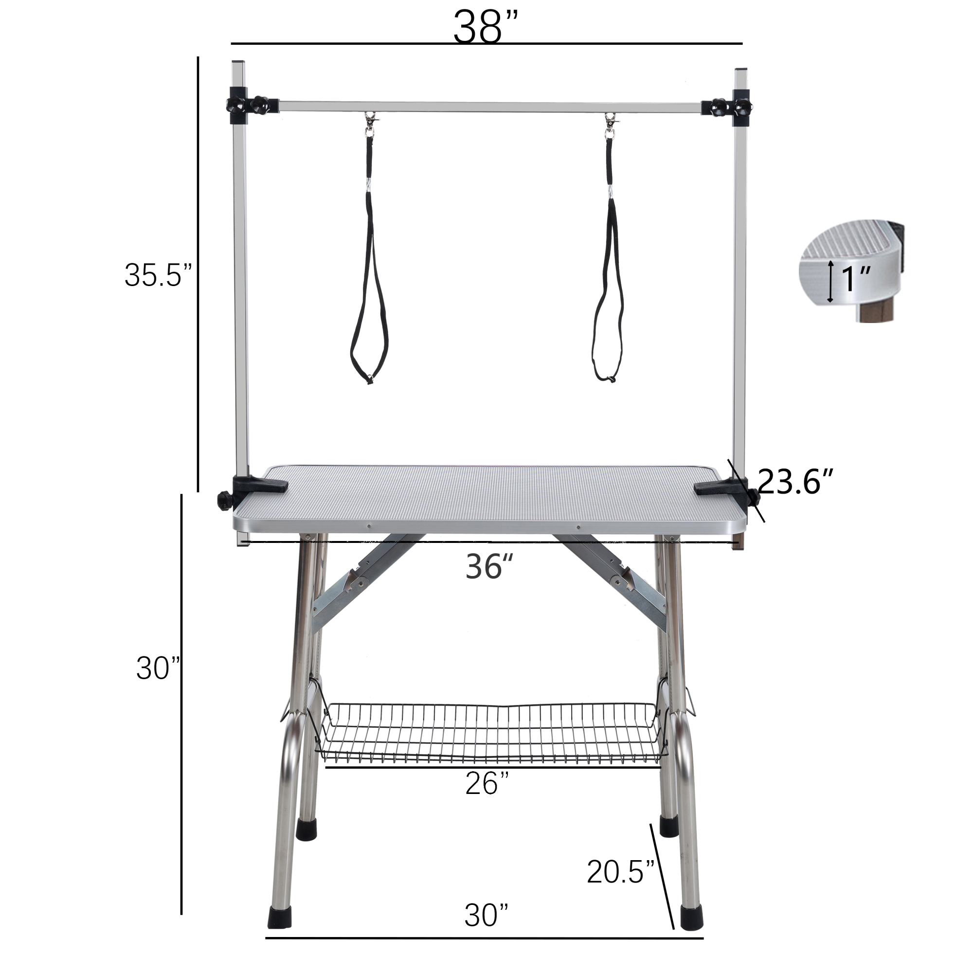 Leumius 36" Folding Pet Grooming Table with Adjustable Arm and Clamps Stainless Steel Frame for Dog and Cat Gray