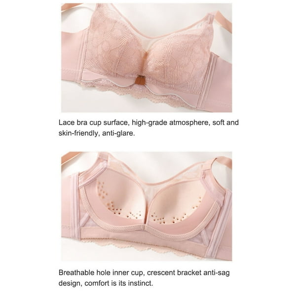 thinsony Lace Bra Women Wireless Underwear Gather Push Up Back Closure Four  Hook-and-Eye Brassiere Soft Padded Bralette Skin color