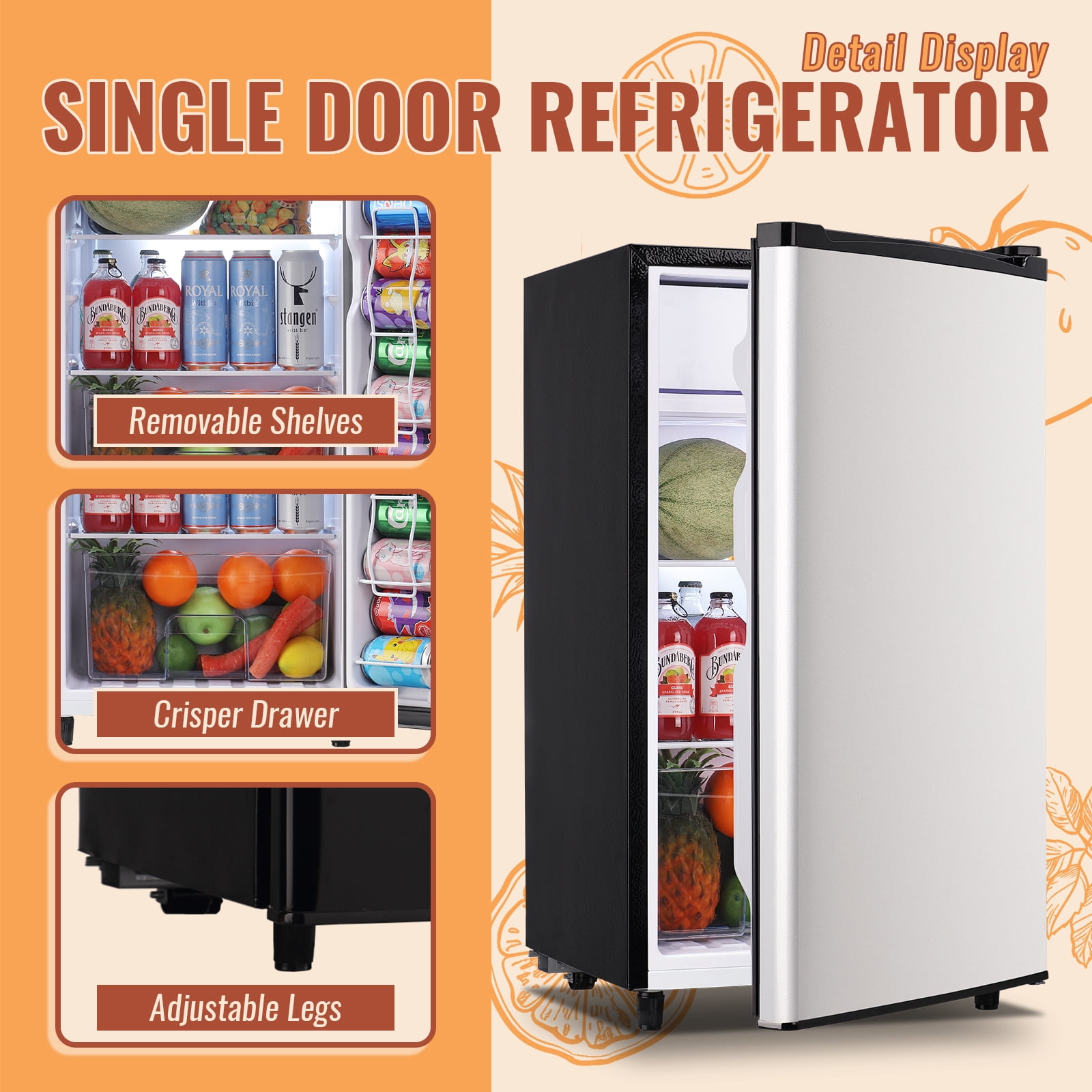 DEMULLER 3.2 Cu.ft Mini Refrigerator Mini Fridge with Freezer Singel Door Drink Holder New Silver