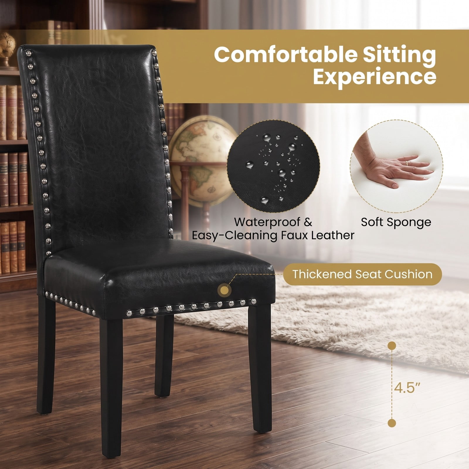 Furnibear Set of 4 Dining Chairs, Upholstered Faux Leather Kitchen Chairs with Solid Rubber Wood Legs, Nailhead Trim Armless Side Chairs for Dining Room, 400, Black