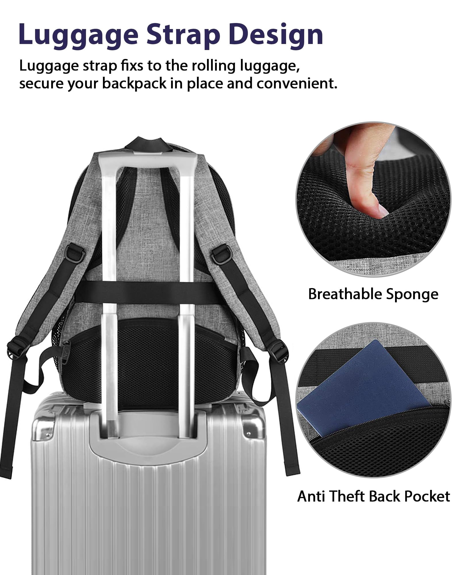 Matein Travel Backpacks for Adults, TSA Approved Carry on Work Backpack with Trolley Sleeve and Anti Theft Pocket, 30L Capacity, Gray
