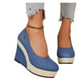 thumbnail image 5 of Women's Wide Width Denim Espadrille Wedge Pumps, Round Toe Platform Shoes with Braided Jute Heel, Comfortable Casual Dress Shoes for Spring & Fall, Blue/Black, 5 of 10