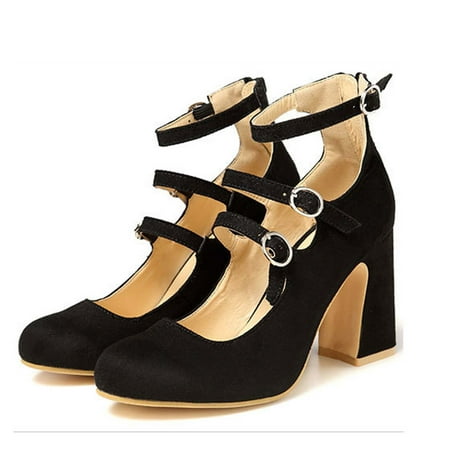 

Women s Round-Toe Chunky High Heels Shoes Metal Buckle 10CM Solid Color High Heels Shoes