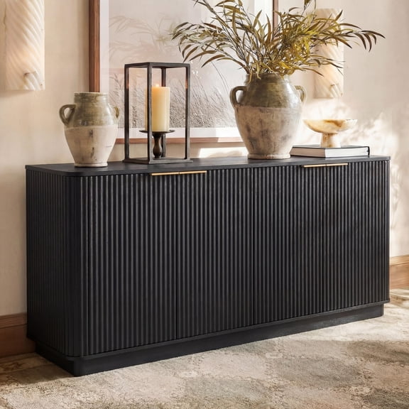 EHANCIS 63" Fluted Sideboard Buffet Cabinet, Modern Storage Cabinet with 4 Doors and Adjustable Shelves for Dining Room, Kitchen, Living Room (Black)