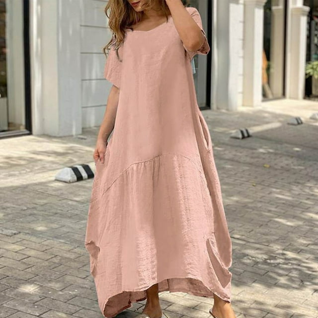 Ersazi Robe pour Femmes 2024 en Liquidation Robe d'Été pour Femmes à Manches Courtes Couleur Unie Douce Confortable Longue Robe Rose TG