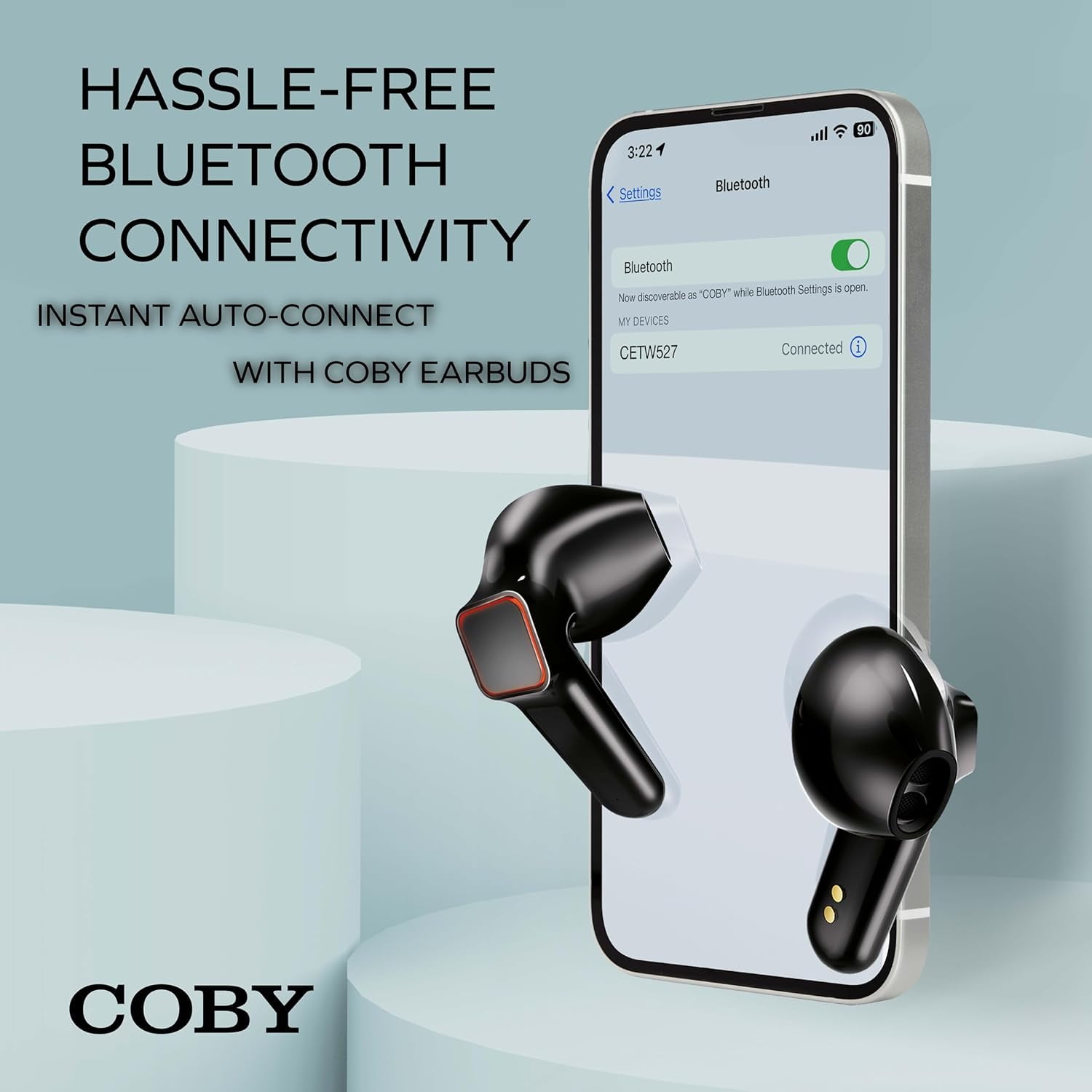 COBY Sweat-Resistant True Wireless Earbuds, Noise-Isolating Bluetooth Earbuds with Built-In Mic, Black