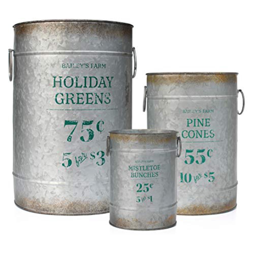 Christmas Galvanized Greenery Buckets (Set Of 3), Large, Medium