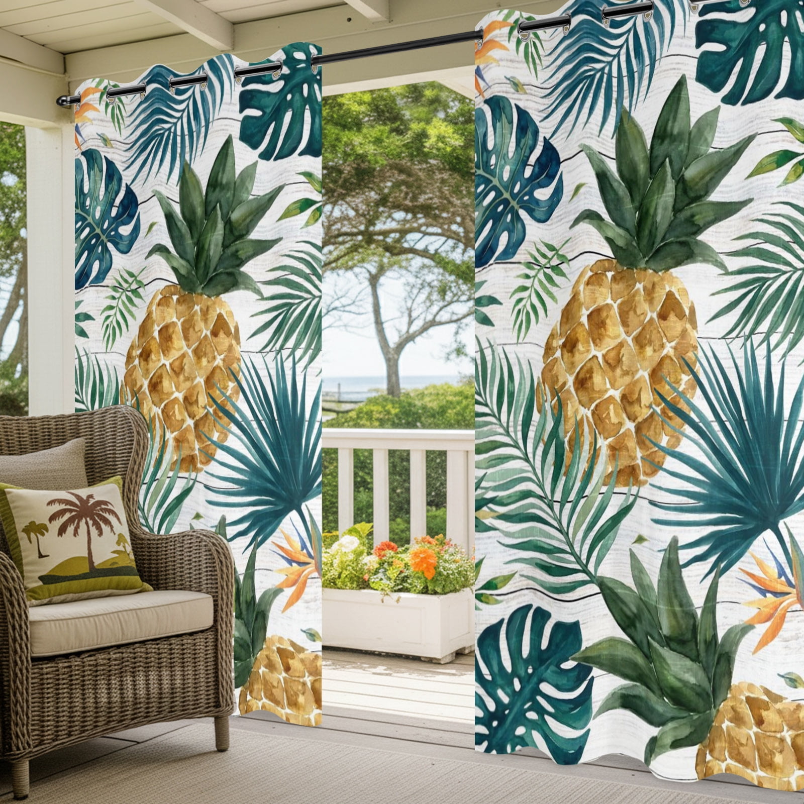 Gold Pineapple Outdoor Curtains for Patio, Monstera Leaves Tropical Botanical White Wood Striped Sunshade Privacy Drapes Grommet Waterproof Outside Curtains for Porch/Cabana/Balcony 54"x 84", 2 Panel