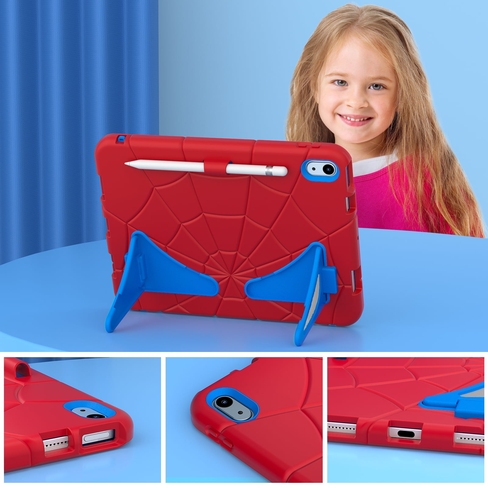 Kids Case for iPad A16 11th Generation 2025 / 10th Gen Case 2022, with Pencil Holder/Kickstand/Shoulder Strap Heavy Duty Protection Rugged Shockproof Hybrid Boy Girl Children Cover, Red + Blue