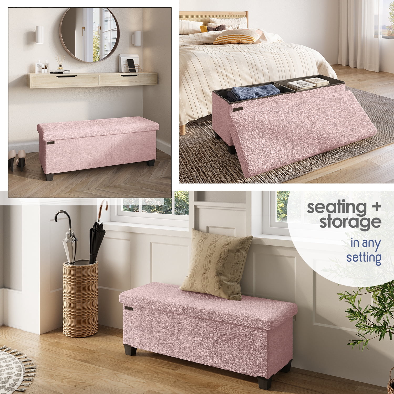 Hearth & Harbor Storage Ottoman Bench, Boucle 43" Ottoman with Storage , Pink