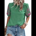 thumbnail image 1 of Blusas Texturizadas con Bordado Floral para Mujer, Cuello Redondo, Corta Abullonada, Informales, Holgadas, Lisas, Bordadas, Verde, L, 1 of 10