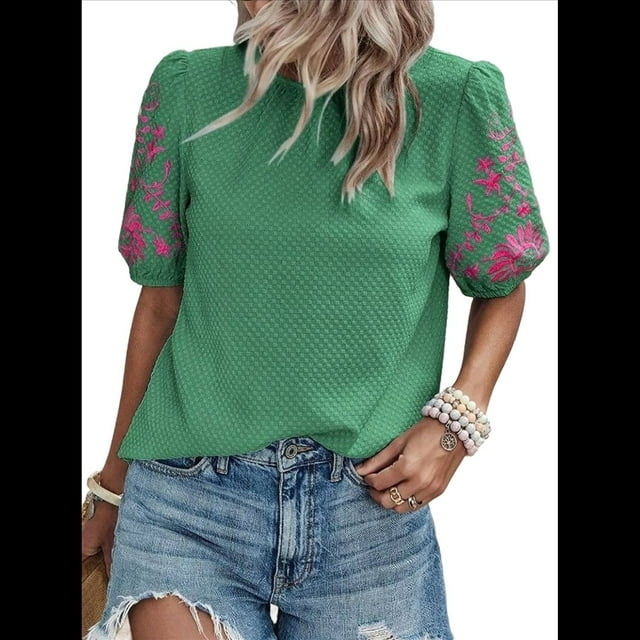 Blusas Texturizadas con Bordado Floral para Mujer, Cuello Redondo, Corta Abullonada, Informales, Holgadas, Lisas, Bordadas, Verde, L