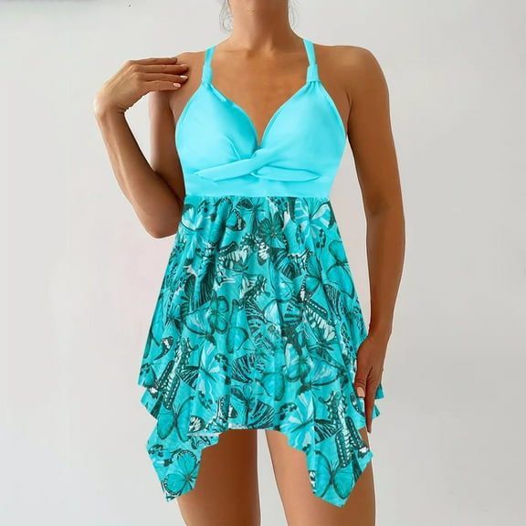 Xixinqiwan Women’s Plus Size Swimwear Ruched Floral Tankini Set Two Piece Modest Skirt Swimsuit Bathing Suit Blue L