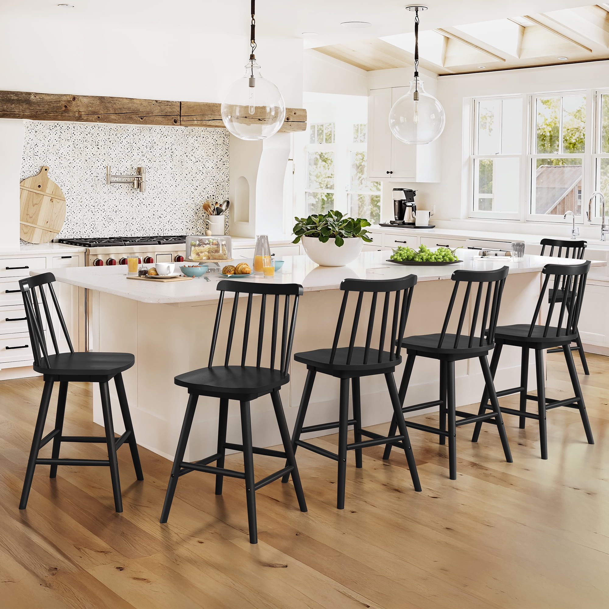 Dycanpo 24'' Swivel Wooden Bar Stools Set of 6,Counter Height Bar Stools with Backrest for Kitchen,Black