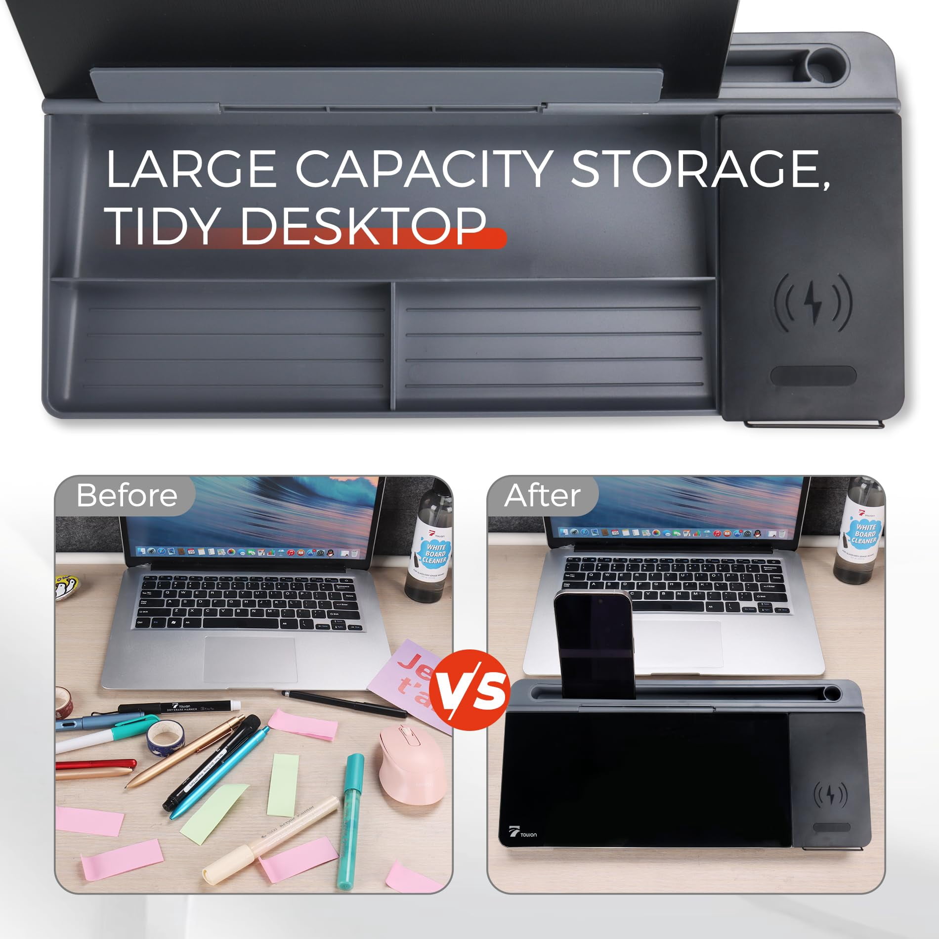 Glass Desk Whiteboard With Wireless  Desktop Dry Erase Board Storage & Phone Stand - Compact ~16 X 7 In Black Includes Marker Eraser Tempered Rewrite Reusable