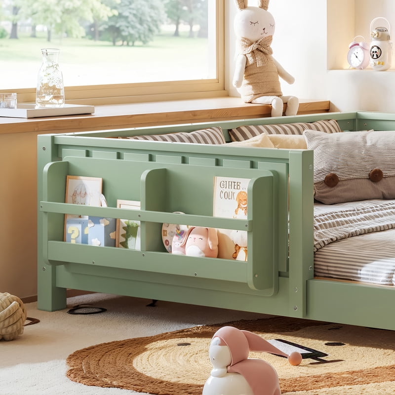 URTR Full Size Montessori Floor Bed with Storage Bookshelf and High-Quality Safety Guardrail, Wooden Full Floor Bed Frame, Wooden Platform Bed, Low Profile Full Bed with Fence and Headboard, Green