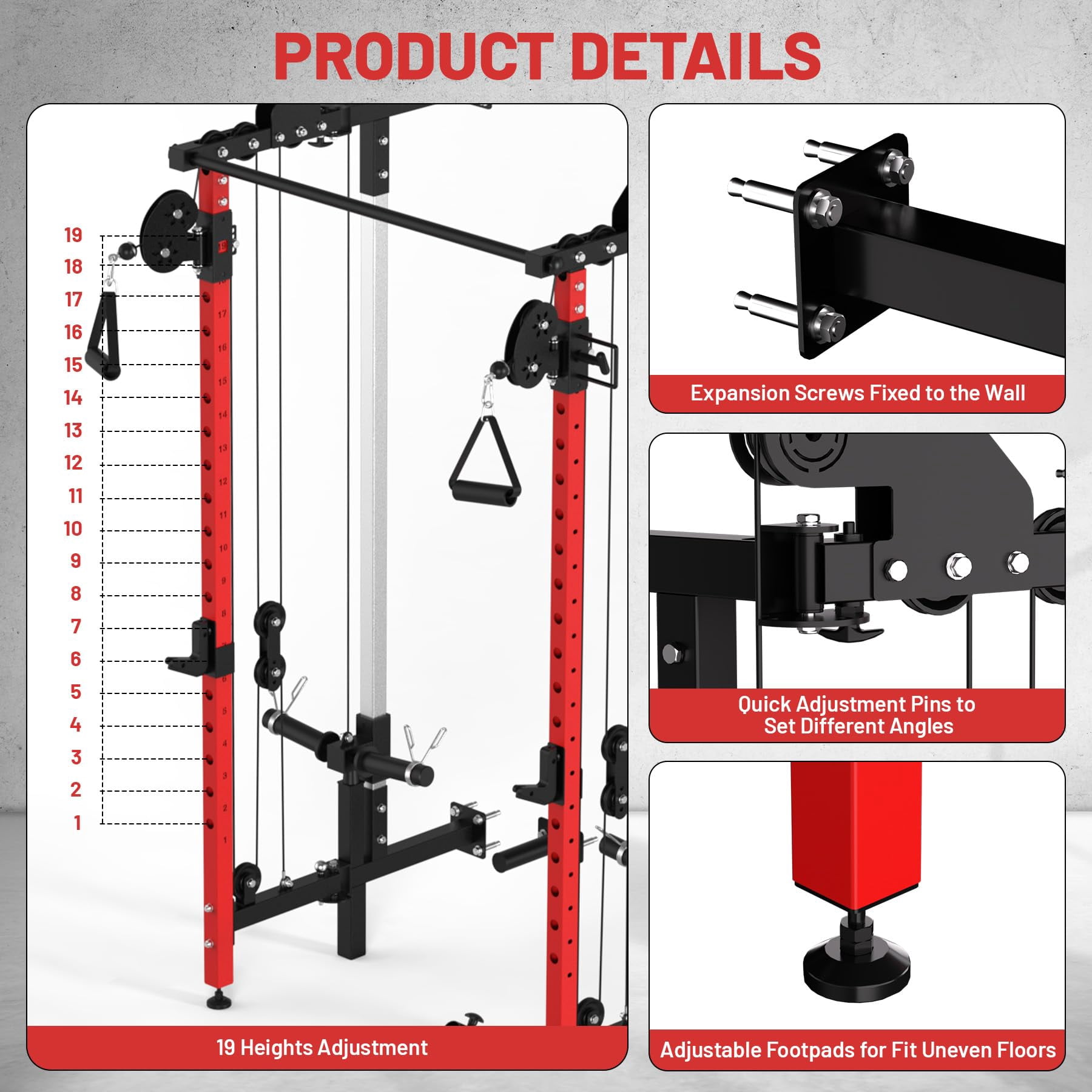 COZONY Folding Wall Mounted Squat Rack with Dual Pulley System & Pull Up Bar, Multi-Function Power Cage for Home Gym,Red