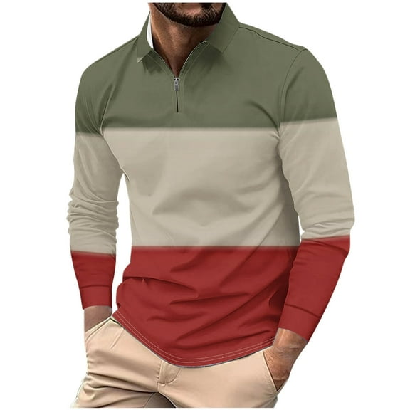 Xzbqbs Mens Casual Long Sleeve Polo Shirt Quarter Zipper Striped Printed Lapel Tops Classic Fit Fashion Soft T-shirts for Men