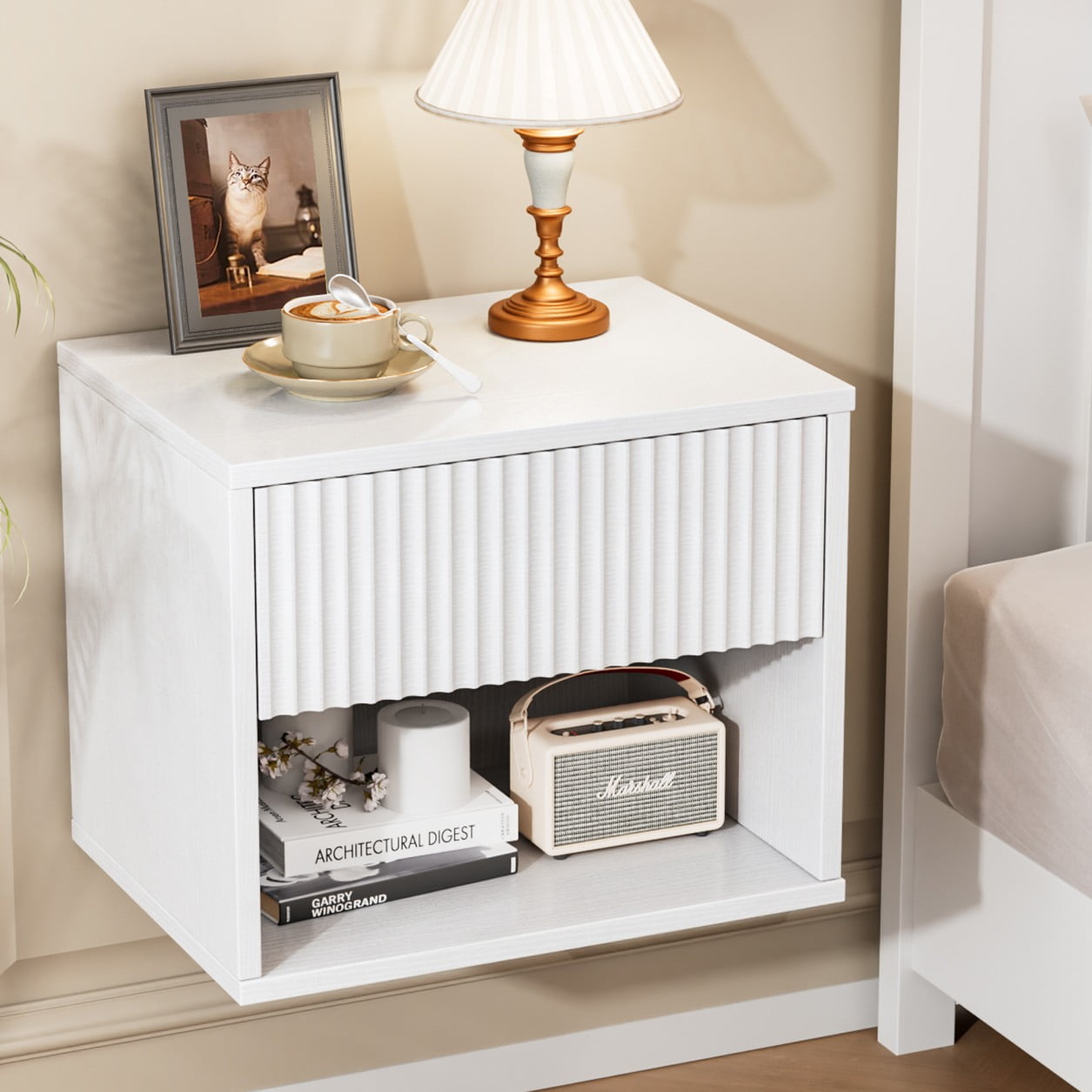 Zimtown Fluted Floating Nightstand Set of 1, End Table Wooden Bedside Table Large Capacity Easy to Assemble, White