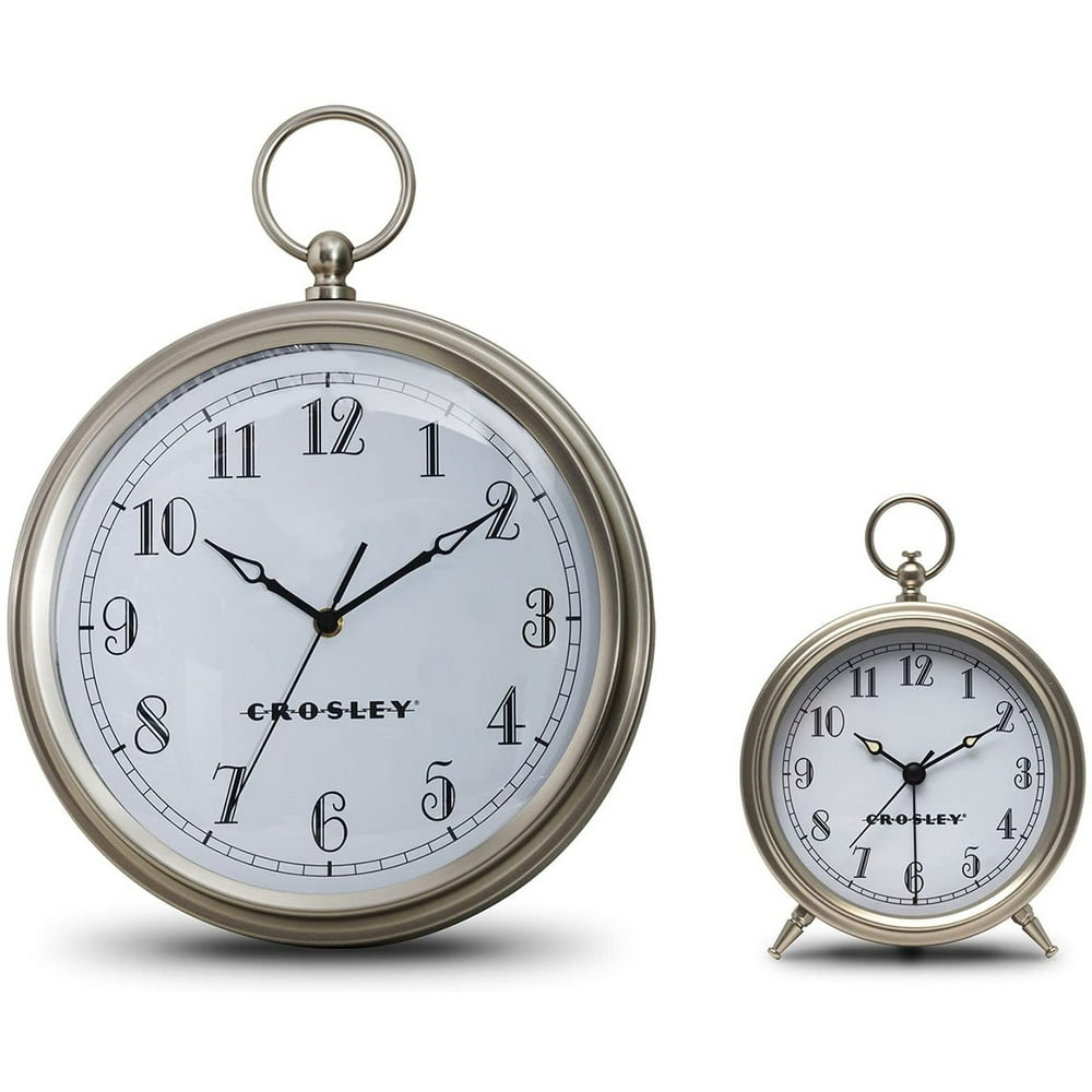 Crosley 12" Deco Finial Metallic Wall Clock & Alarm Clock Set (Silver