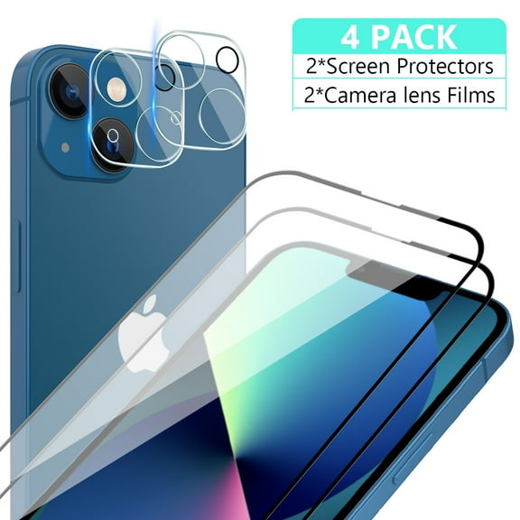 Xhy 2 Pack iPhone 14 Screen Protector 6.1 Inch with 2 Pack Camera Lens Protector, HD Clear Black Border Tempered Glass 9H Hardness Scratch Resistant Bubble Free Rugged Durable Easy Installation