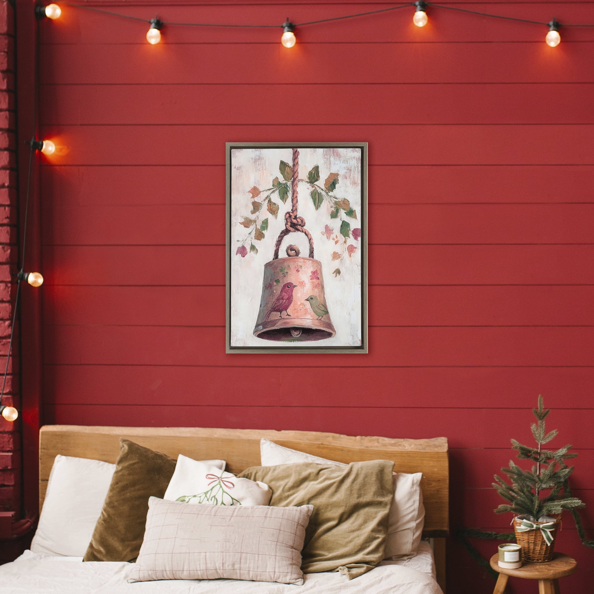 Vintage Christmas Bell Brown Framed Floater Canvas Wall Art, design by Petal Prints Design