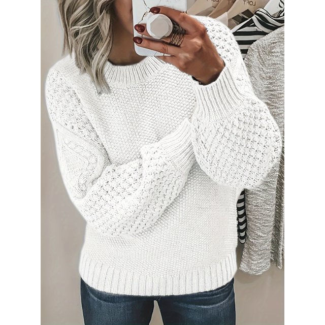 Pull à Col Rond pour Femmes - Pull à Manches Longues en Tricot Doux Couleur Unie