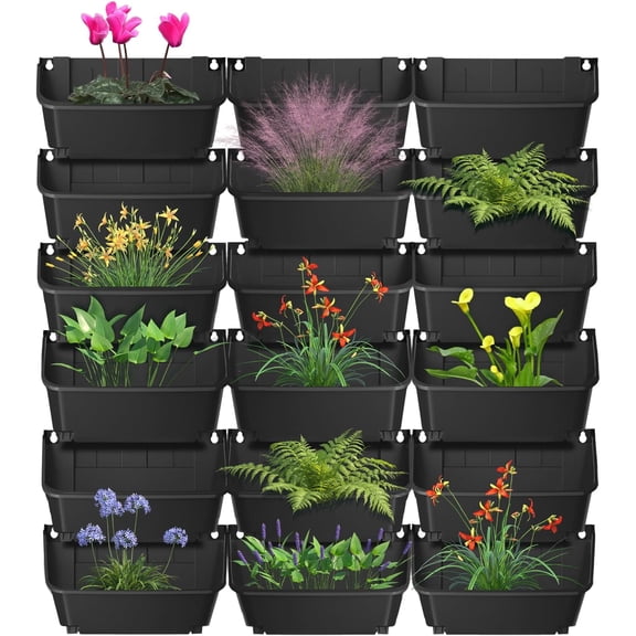 Self Watering Outdoor Wall Mounted Planter Vertical Garden with 18 Pockets Plastic Plant Grow Pots for Hanging Flower Herbs Vegetables Home Indoor Outdoor Black