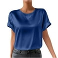thumbnail image 2 of XUNKUSGA Tops for Women Classic Satin Silk Ladies Tops and Blouses Casual Crew Neck Short Sleeve Womens Blouses Comfortable Loose Soild Color Work Tunic Tops S-2XL Blue, 2 of 9