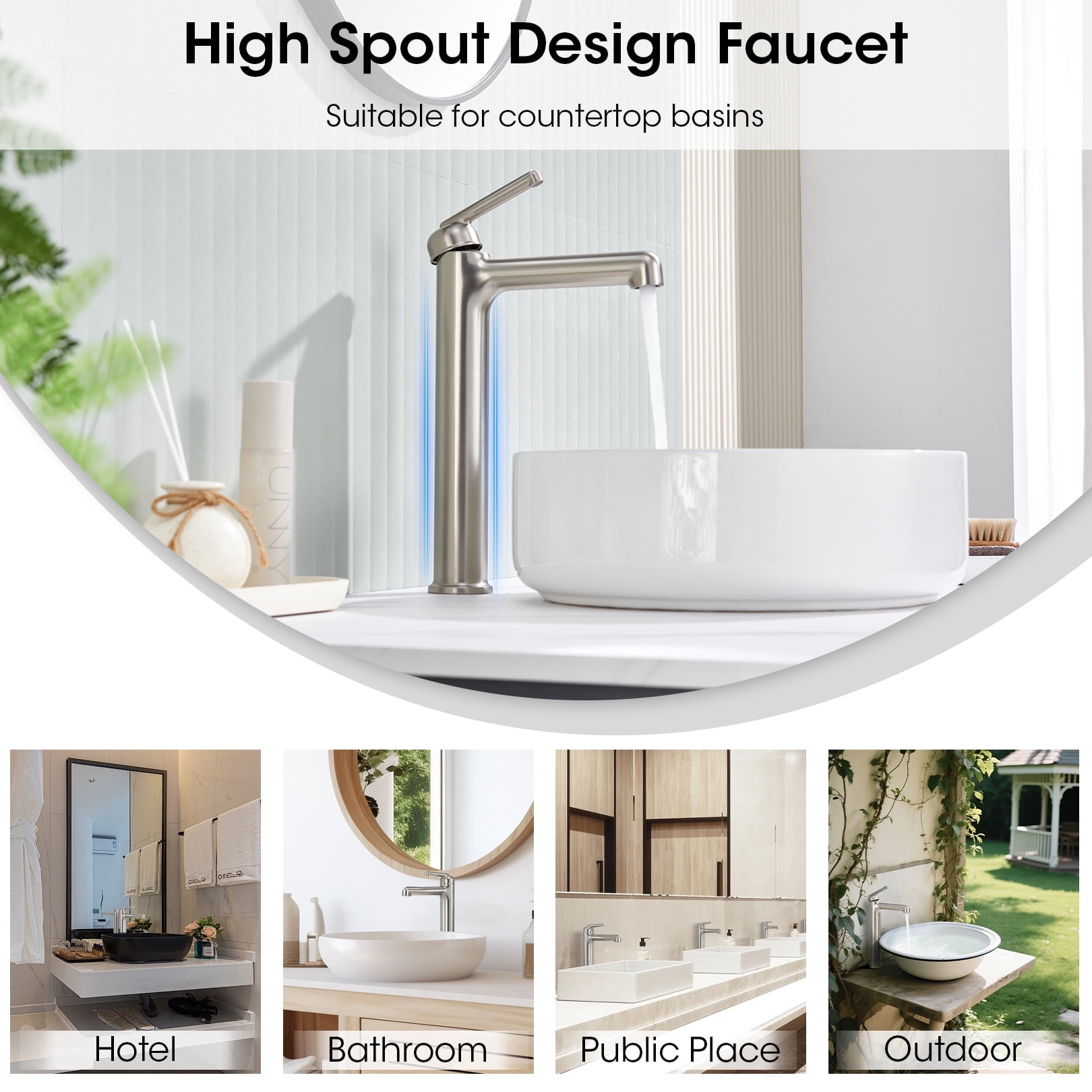 Wowkk Brushed Nickel Bathroom Faucets 9.84" High Spout Tall Basin Faucet, Single Handle Bathroom Sink Faucet with Pop Up Drain and Faucet Supply Lines