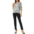 thumbnail image 3 of INSPIRE CHIC Women's Tops 3/4 Sleeves Ruffle Hem Floral Chiffon Shirt Blouses M Grey Blue-3, 3 of 7