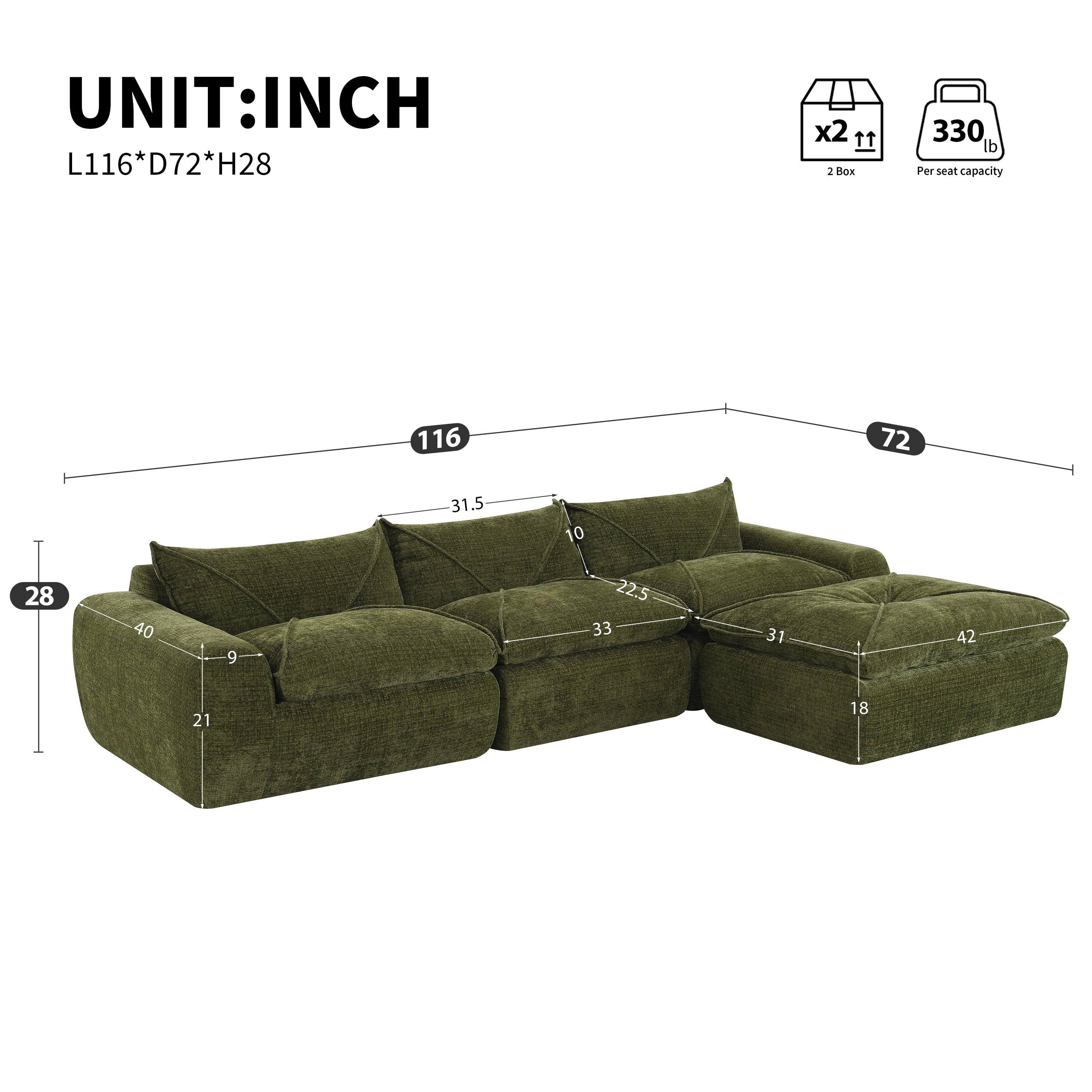 Euroco 116'' Fully Compressed Sofa with High Density Foam, Integrated Backrest&Seat Cushion, Decorative Edging, Legless Design without Frame, No Assembly Required, Free Combination