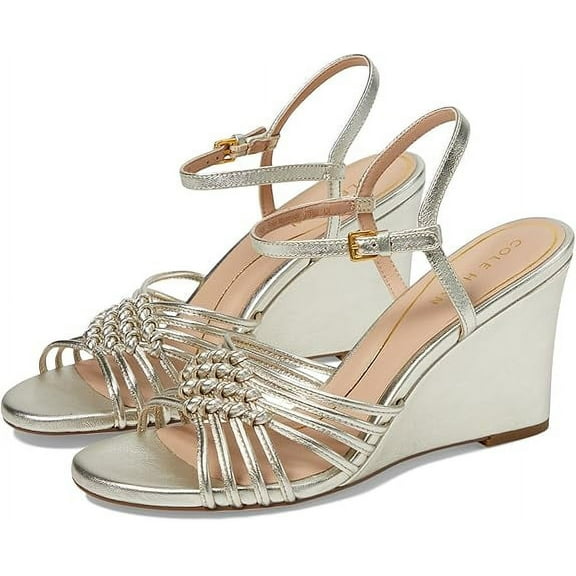 Cole Haan Jitney Knot Soft Gold Leather Ankle Strap Open Toe Wedge Heeled Sandal (Soft Gold Leather, 5)