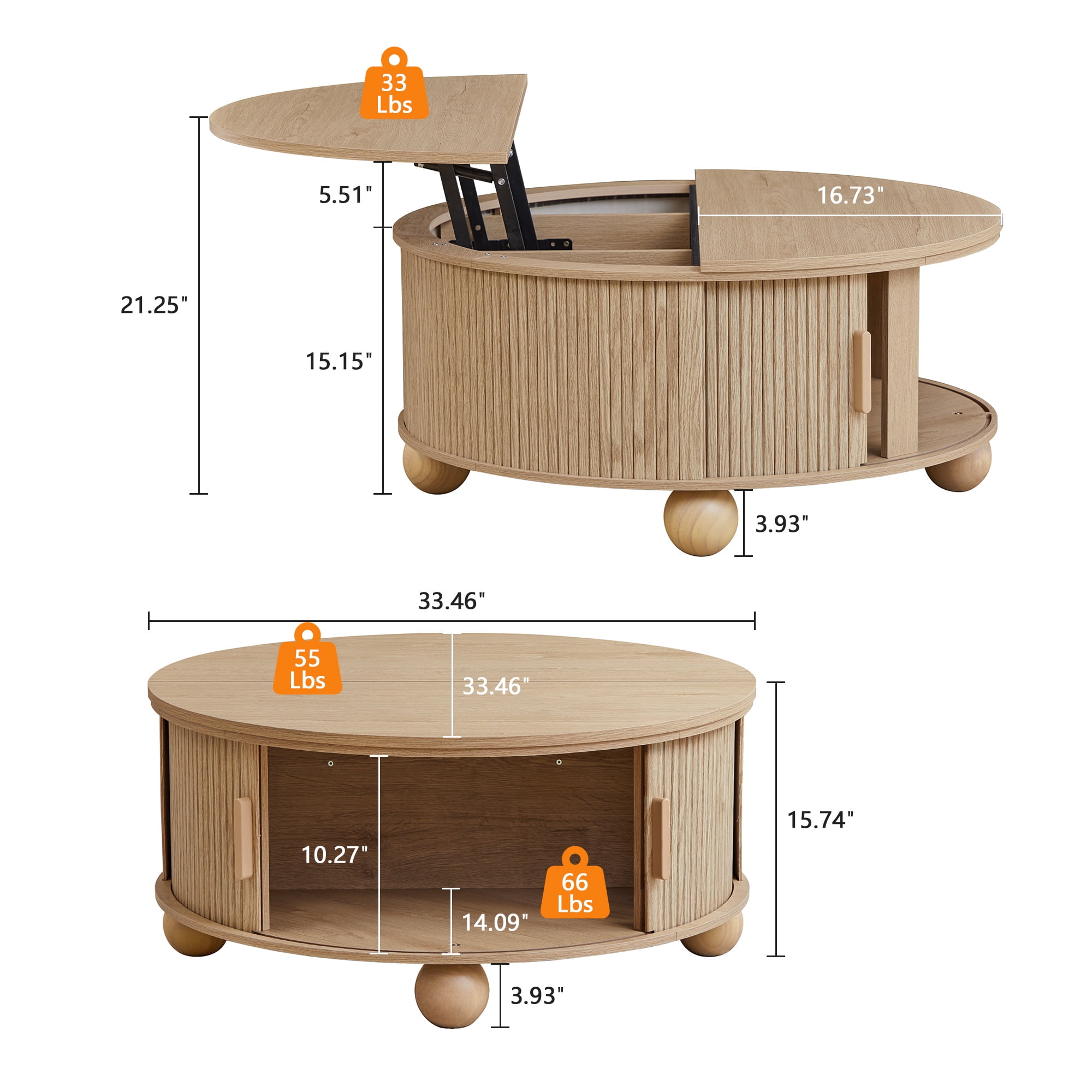 YOCWO Lift Top Coffee Table with Sliding Door and Round Leg, Fluted Round Coffee Table with Hidden Compartments Storage for Living Room, Natural