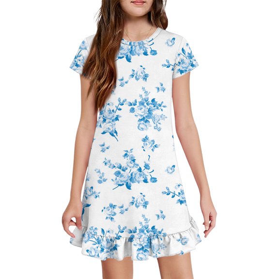Abcomgle Summer Dresses for Girls 7-8 Casual A-Line Short Sleeve Midi Dress Floral Print Holiday Ruffle Hem Swing Sundresses with Pockets for 4-14t Kids