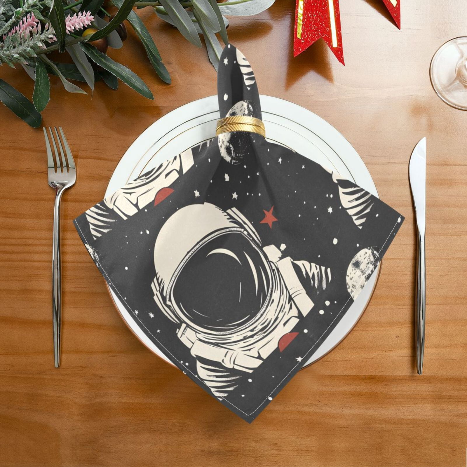 JSTEL Astronaut Portrait Moon Starry Sky Cloth Napkins Set of 6, 20x20 Inch Washable and Reusable Napkin for Decoupage Dinner Party Everyday Use
