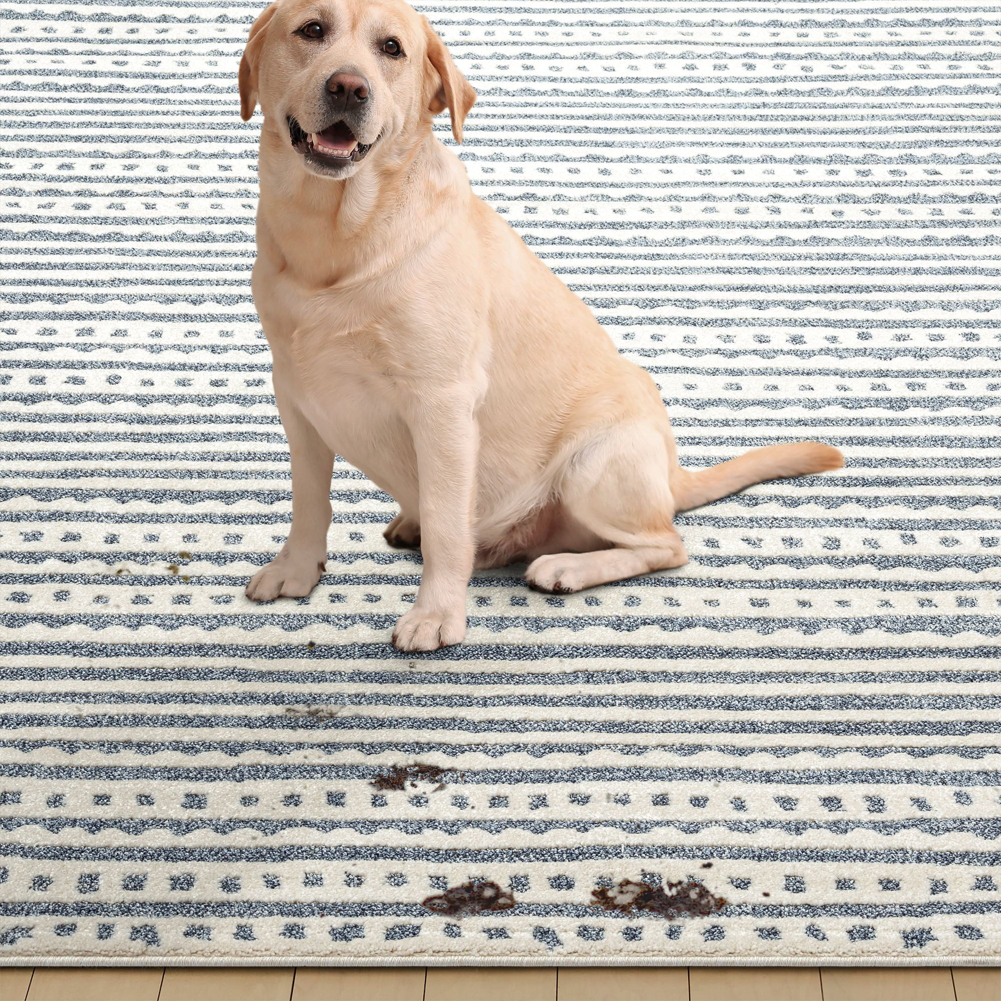 Brookstone Crescent Atlas Modern Striped Indoor/Outdoor High Performance Area Rug, Blue/Ivory, 5'2"x7'2"