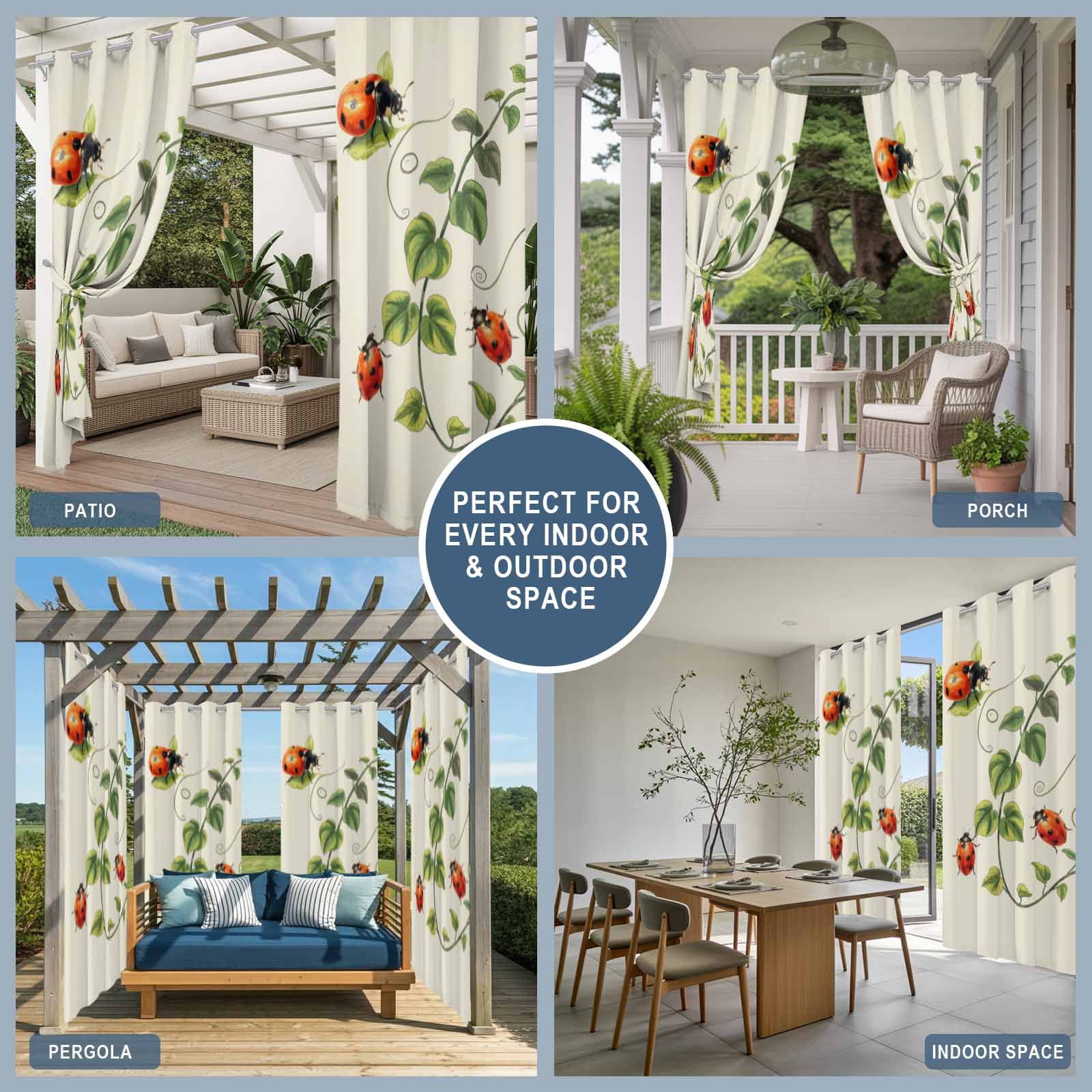 Outdoor Curtains for Patio Waterproof, Ladybugs Eucalyptus Outdoor Privacy Panels Grommet, Spring Botanical Leaves Green Blackout Outside Curtains for Porch/Cabana/Pergola/Gazebo 54"x108", 2 Panels