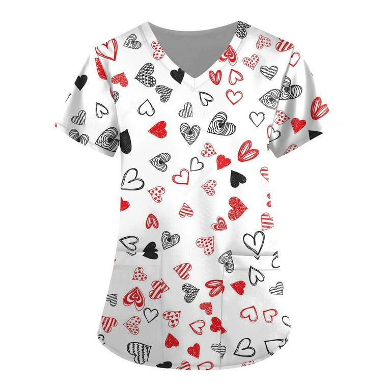 Valentine s Day Scrubs Tops for Women Plus Size Short Sleeve V Neck Heart Printed Nursing Uniform Holiday Scrub Tops Walmart