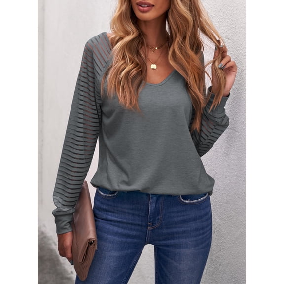 Mengpipi Long Sleeve Shirts for Women Striped Sheer Sleeve Tops Casual V Neck Loose Blouses Trendy Gray, L(US 12-14)