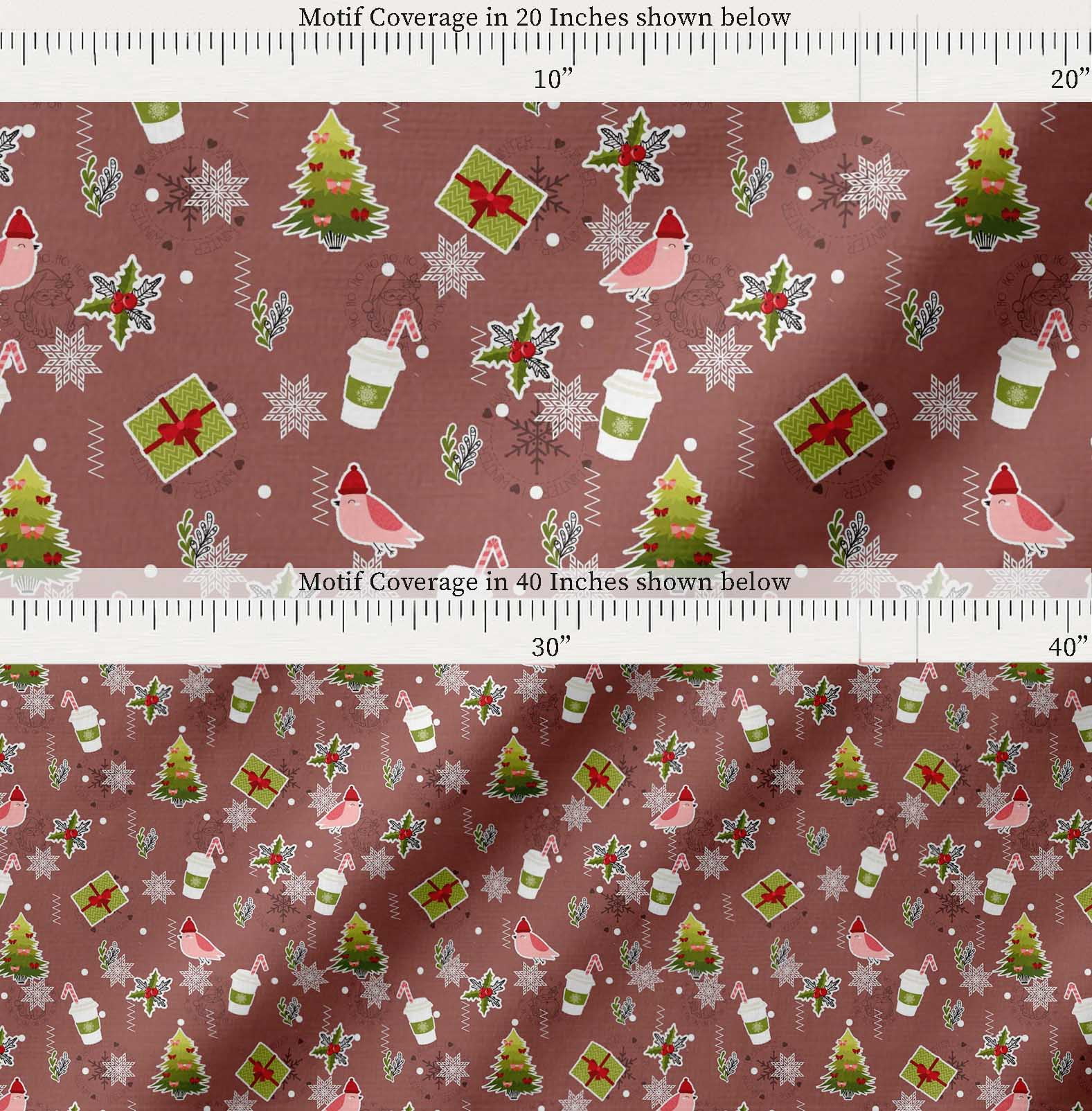 Soimoi Brown Cotton Voile Fabric Coffee Cup,Gift Box & Tree Christmas Print Fabric by the Yard 56 Inch Wide