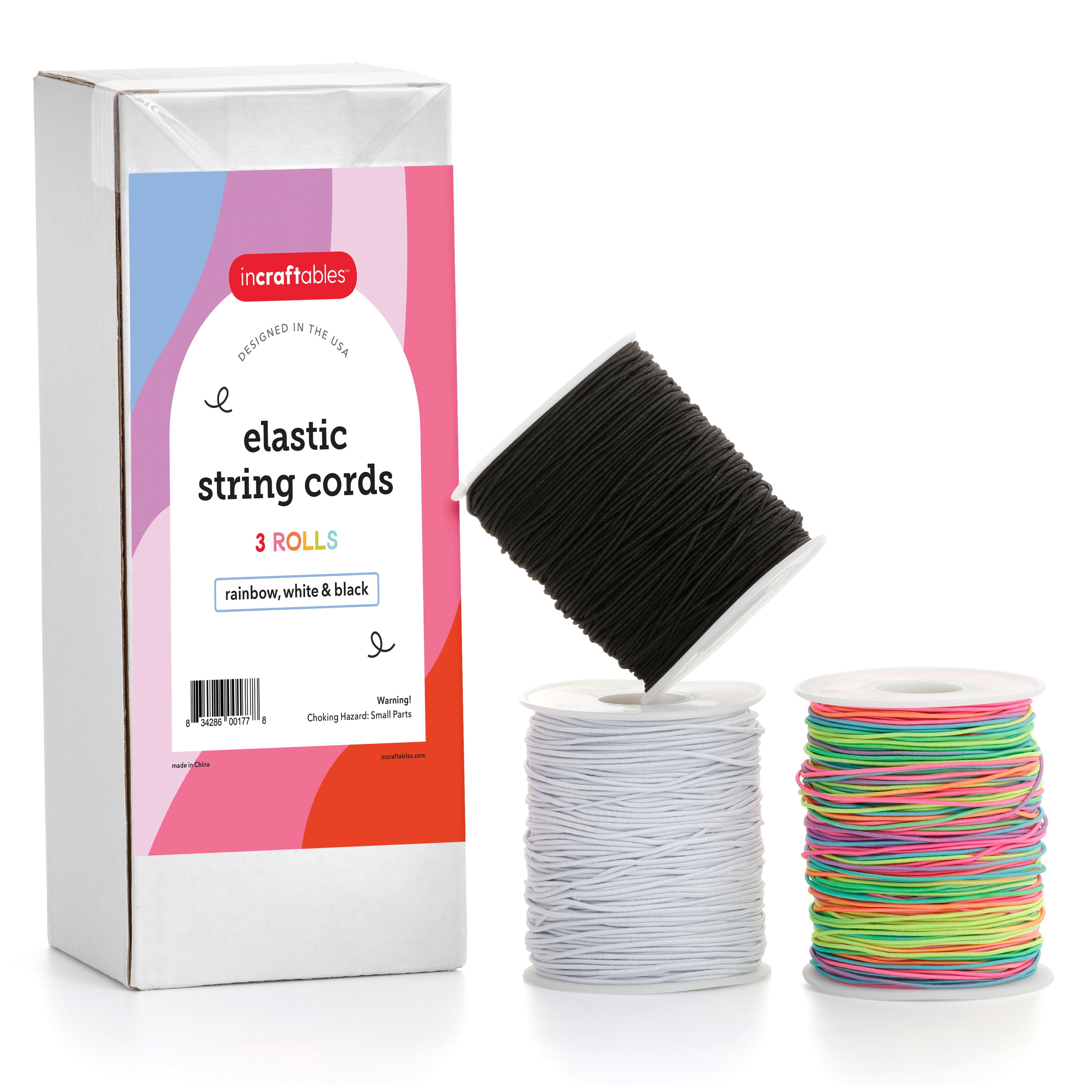 Incraftables Elastic String Cord Set of 3 Rolls (White, Black & Rainbow) 1mm