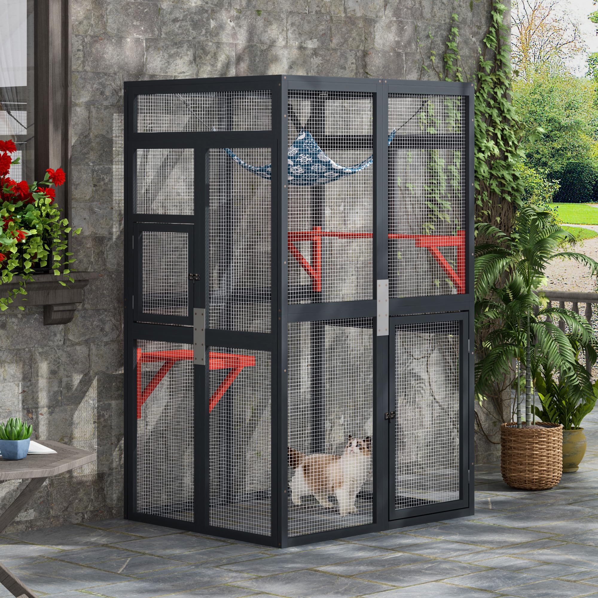Outdoor cat enclosure, wooden cat house with patio walk-in window, indoor kitten house