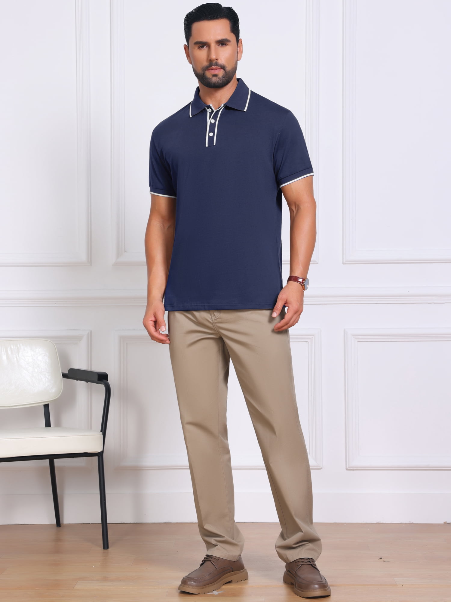 DARING DIVA Men's Contrast Trim Short Sleeve Button Closure Polo Shirts S Navy Blue
