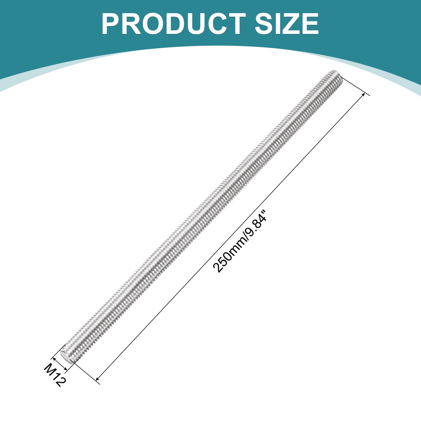 2 Pack Fully Threaded Rod, M12 x 250mm 201 Stainless Steel Right Hand Threads Rods with Nuts and Flat Washer