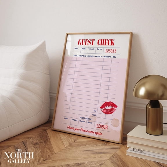 Pink Guest Check Poster With Red Lipstick Mark Retro Diner Inspired Wall Art Print For Kitchen Cafe Bar Or Valentineâ€™S Day Decor UNFRAMED Poster, Wall Art for Decor, Present, 8x12