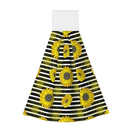

Adobk Sunflowers On Black And White Stripes Print Coral Velvet Hand Wipes Fashion Hanging Kitchen Towel for Bathroom Washcloth Absorbent Tie Towel