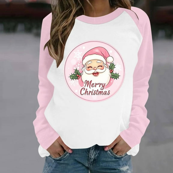 Xdegoge Holiday Sweatshirts for Women 2025 Raglan Crew Neck Long Sleeve Tops Xmas Santa Claus Graphic Shirts Casual Christmas Apparel for Women Womens Xmas Tops, Pink 4XL