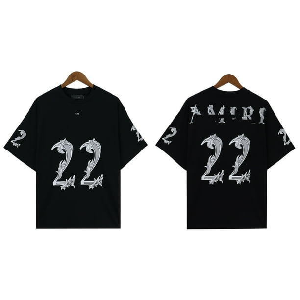 2024 nueva camiseta con carácter Amiri moda diseño digital Impresión de hombres suelta transpirable pantalón corto casual de manga veranoNegro
